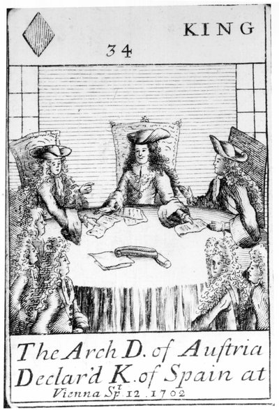 The Archduke of Austria Declared King of Spain at Vienna, 12 September 1702, King of Diamonds playing card from a set commemorating the War of the Spanish Succession by English School